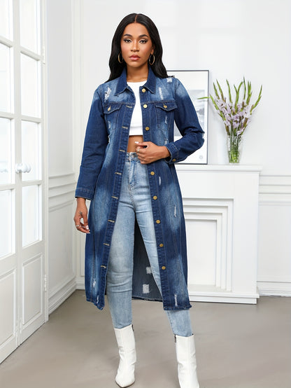 Long Denim Coat with Worn Holes Long Denim Trench Coat for Women