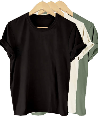 3pcs Pack Solid Color 100% T-Shirt, Summer And Spring Short Sleeve Crew Neck Casual Top, Women'S Clothing