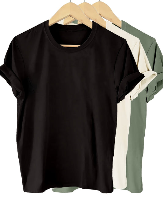 3pcs Pack Solid Color 100% T-Shirt, Summer And Spring Short Sleeve Crew Neck Casual Top, Women'S Clothing
