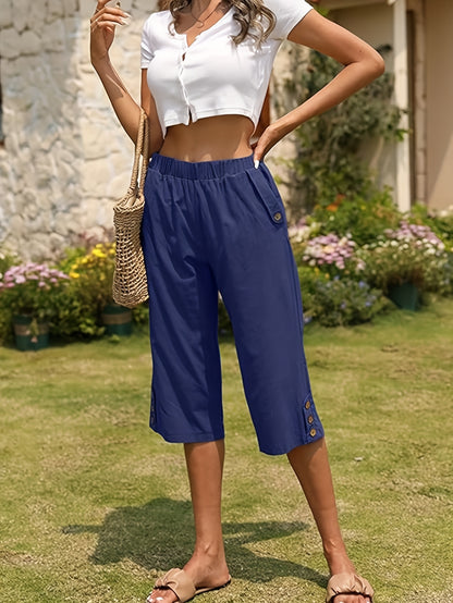 Casual Summer Capri Pants for Women with an Elastic Waistband, Featuring Pockets And Ideal for Work, Leisure, Or Beach Outings