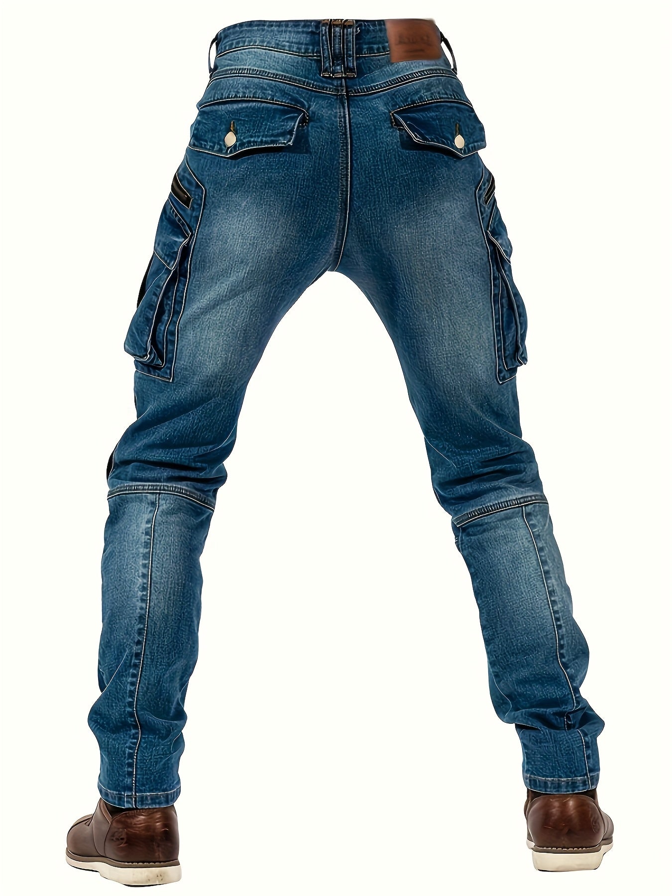 Men'S Wear-resistant Zipper Large Pocket Motorcycle Cycling Pants Vintage Washed Elastic Jeans