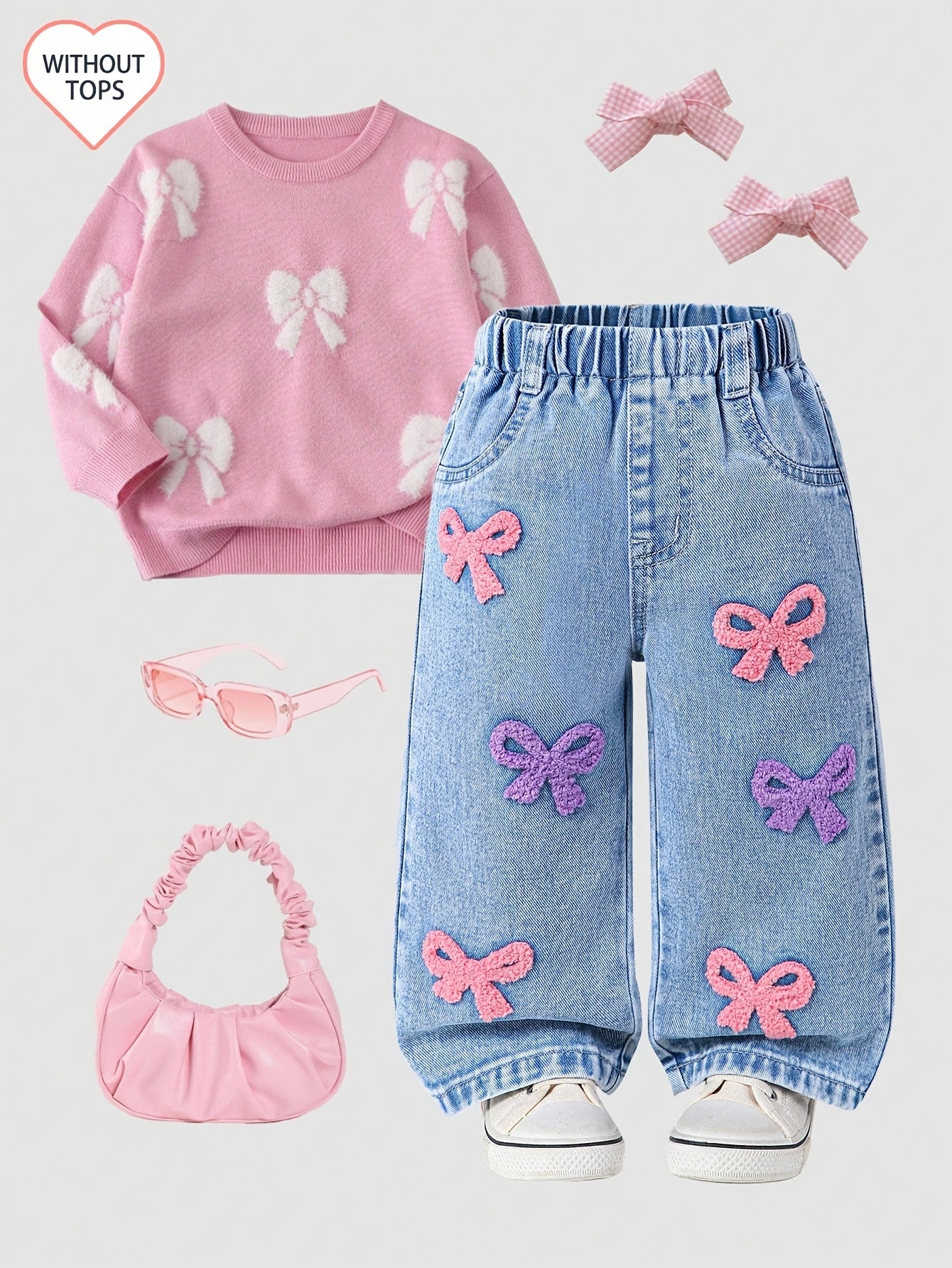 CuddClio Only 1 Pair Of Jeans Included. Baby Girls Loose-Fit Jeans For Fall & Winter, Cute Pink/Purple Bow Embroidered Jeans, Comfortable Denim With Elastic Waistband, Casual & Outdoor Wear, Ideal For Halloween/Christmas Gifts.