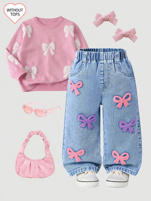 CuddClio Only 1 Pair Of Jeans Included. Baby Girls Loose-Fit Jeans For Fall & Winter, Cute Pink/Purple Bow Embroidered Jeans, Comfortable Denim With Elastic Waistband, Casual & Outdoor Wear, Ideal For Halloween/Christmas Gifts.