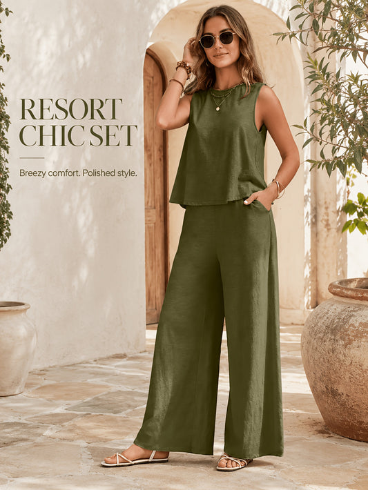 [Casual Pants Suit] Summer Casual Solid Color V-Neck Vest and Wide-Leg Pants Suit