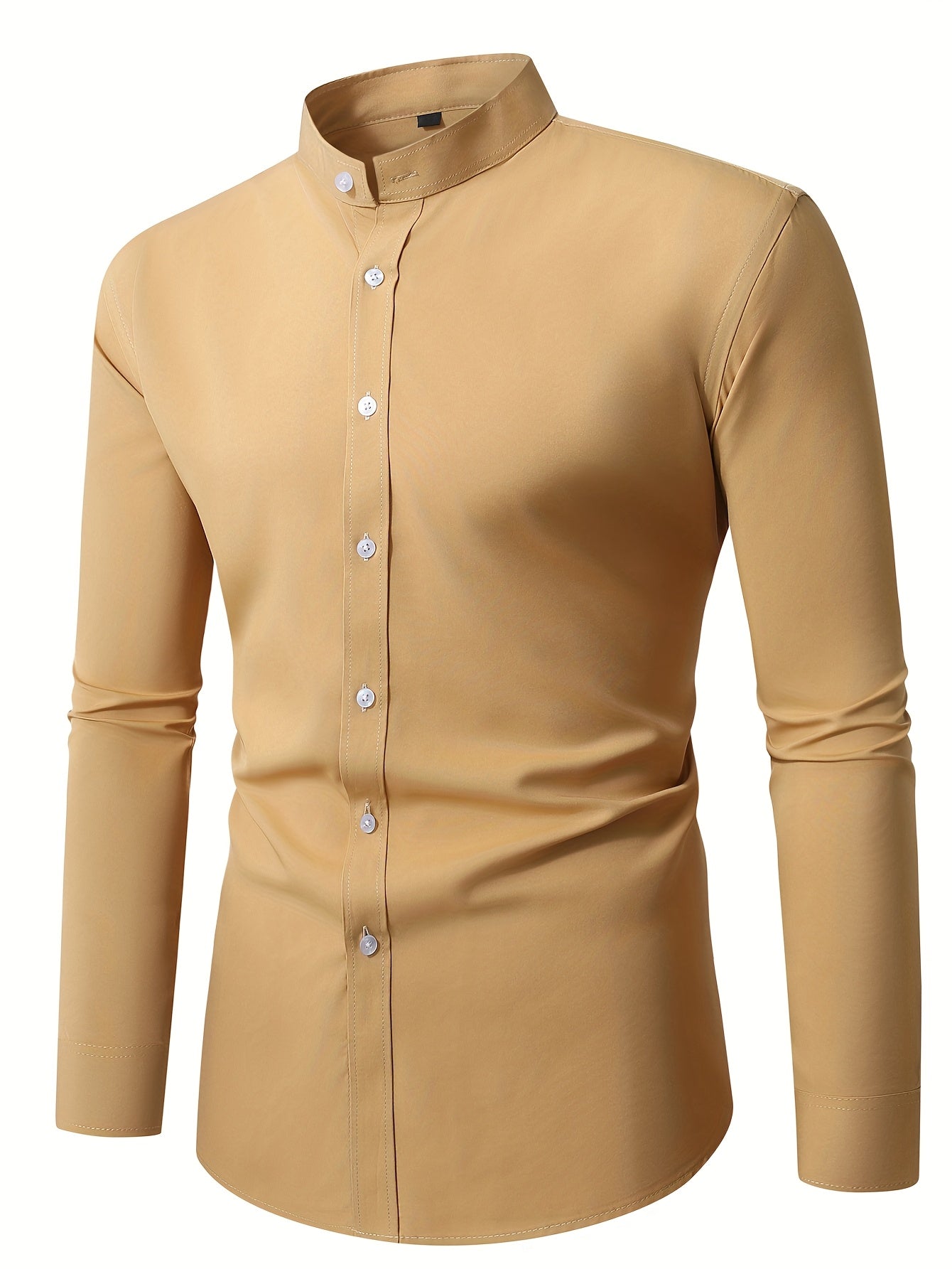 Men'S Henley Collar Long Sleeve Shirt | Casual, All-season, Solid Color, Regular Fit, Button Details, Woven Fabric