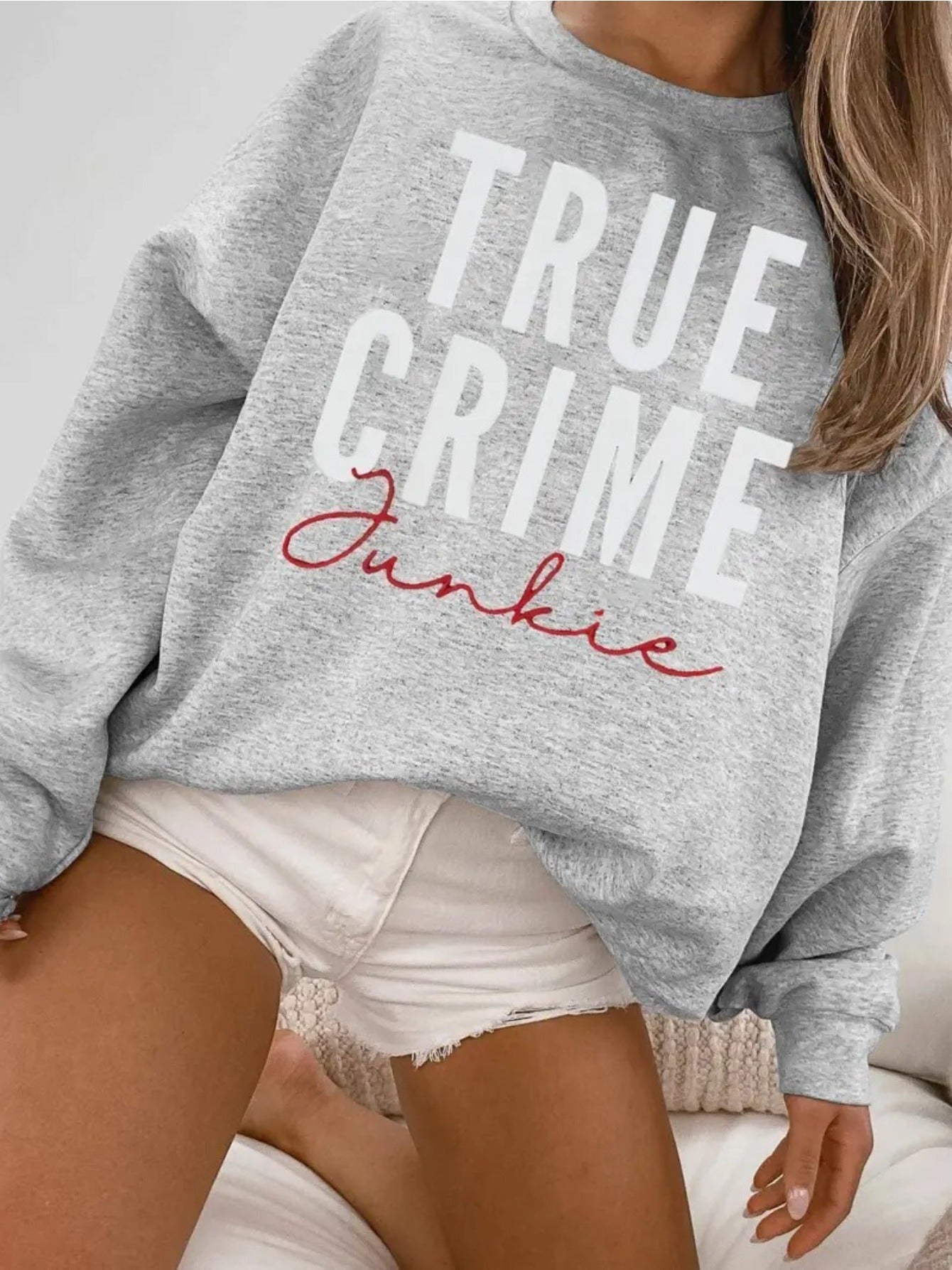 [Oversized Pullover Sweater] 1pc of Women's Casual Crew Neck Sweater, Oversized Pullover with a Graphic Print Inspired by True Crime TV Shows And Podcasts, Suitable for Autumn And Winter, in a Grey Design