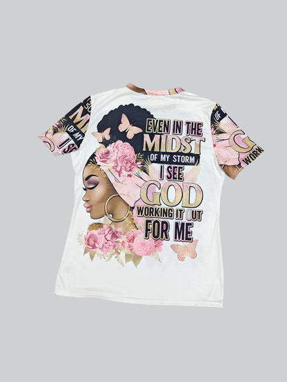 Plus Size - Plus Size, Women'S Faith-Inspired Christian T-Shirt with "Even in the Midst of My Storms I See God Working It Out for Me" Bible Verse - Soft Breathable Round Neck Short Sleeve Casual Top, Inspirational Letter Print & Floral Design for Sp