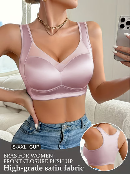 1pc High-quality Satin Fabric Women'S Bra | Wireless, Front Buckle Design, Strong Support, Comfortable Gather, Suitable for Daily and Formal Wear, Non-removable Padding