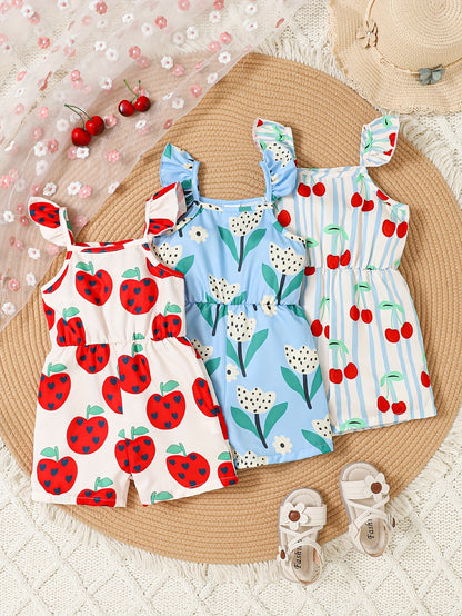 Set of 3 Girls' Casual Jumpsuits Featuring a Pink Fruit Print, a Blue Love Pattern, And a Solid Color for Spring And Summer, for Outdoor
