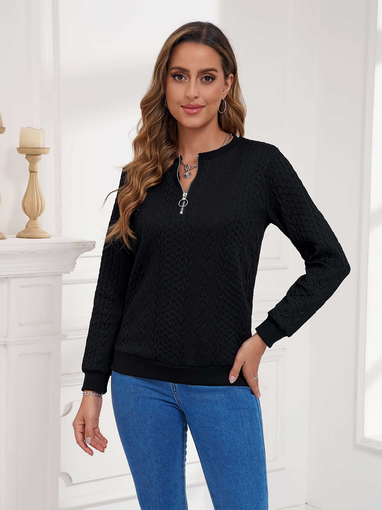 European And American Women's Fashionable Embossed Pullover Hoodie, Zipper Autumn And Winter Casual Long Sleeved Textured Top, Solid Color Long Sleeved Sportswear, Women's Clothing