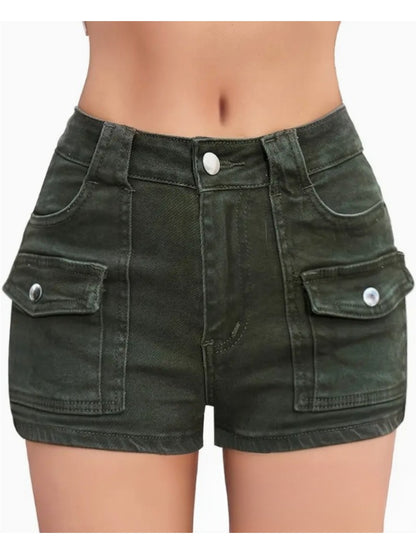 Elastic Multi-Pocket Denim Shorts with a High-Waisted Design for Women, Perfect for Casual Summer Wear
