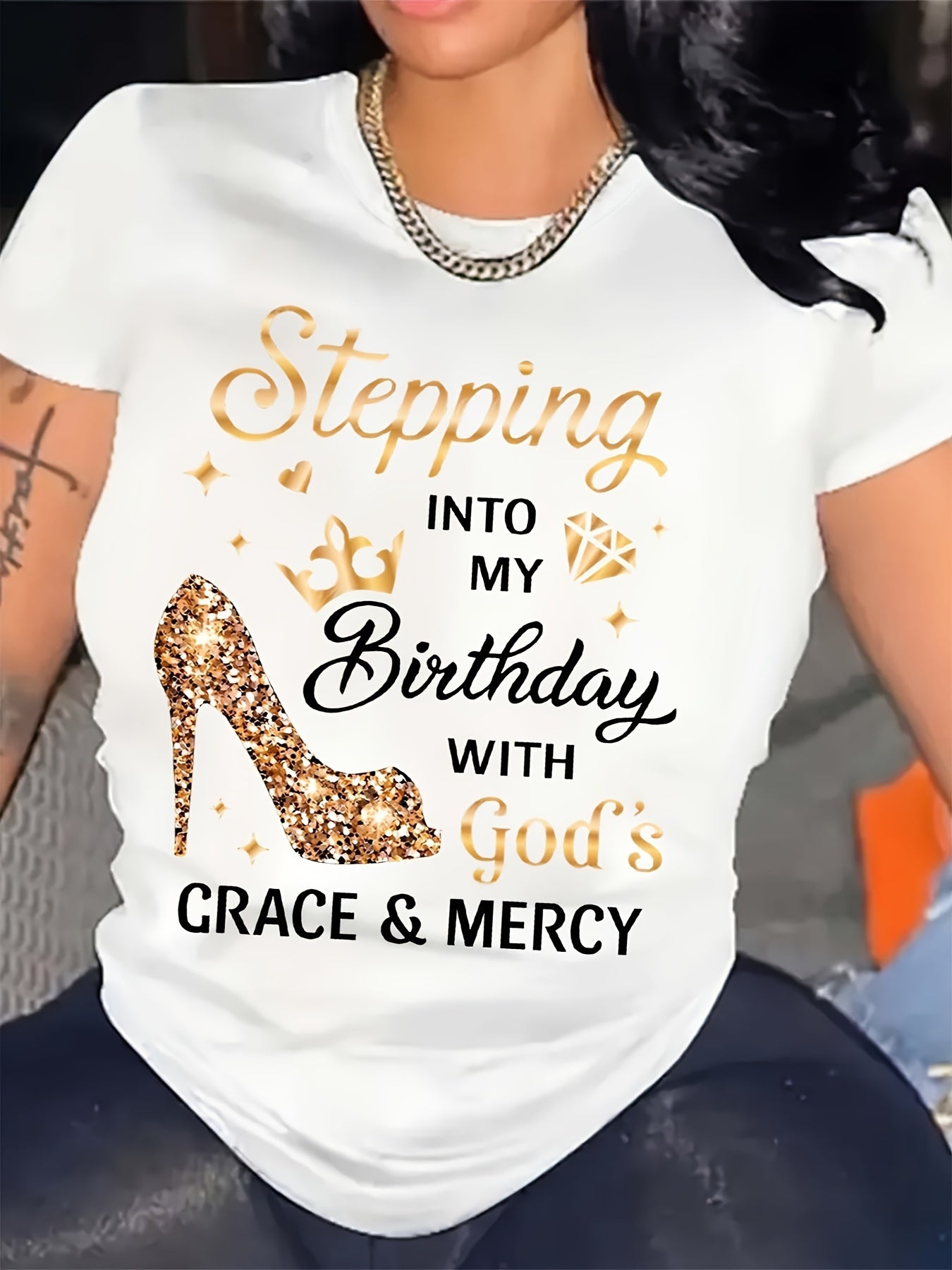Women'S Birthday Celebration T-Shirt - "Stepping into My Birthday with God'S Grace & Mercy" Golden Glittery Text - White Casual Everyday & Party Top - All-Season Comfort Fit Tee for Women - Birthday Party Outfit Idea, Festive Attire, Playful Design, Breat