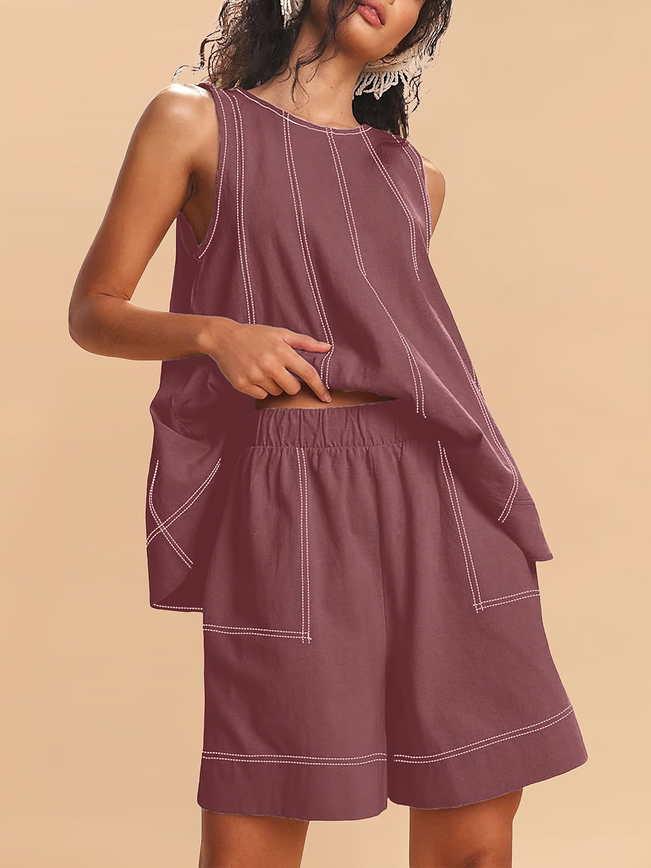 Womens 2pcs Outfits Sleeveless Matching Sets A Line Tank Tops Contrast Stitching High Waist Shorts with Pockets