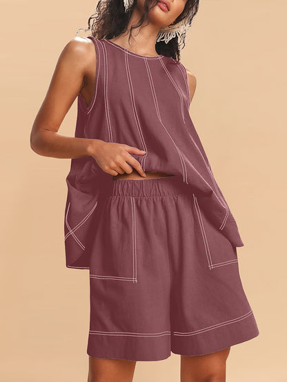 Womens 2pcs Outfits Sleeveless Matching Sets A Line Tank Tops Contrast Stitching High Waist Shorts with Pockets