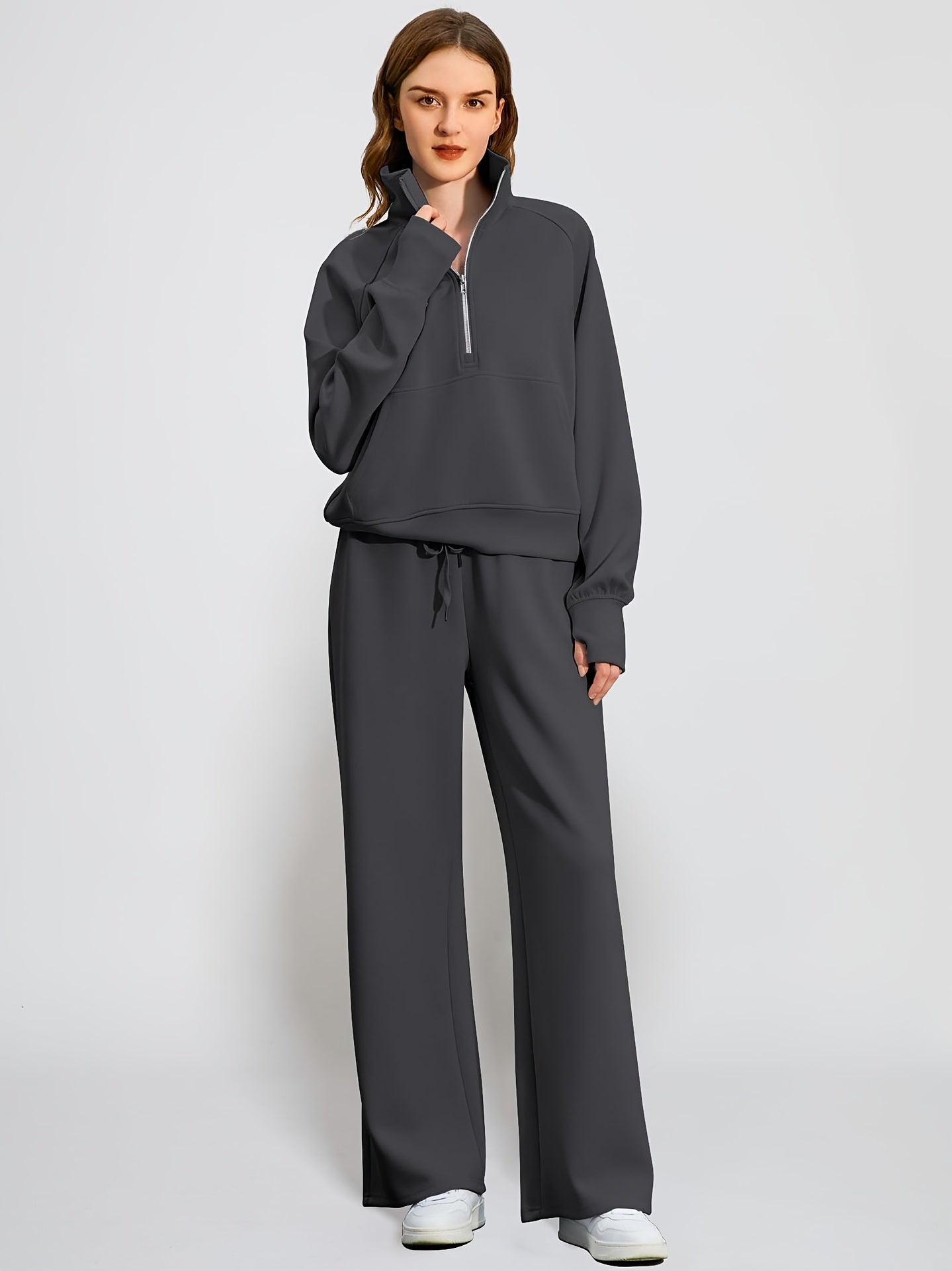 2Pcss Outfits for Women, Oversized Half-Zip Sweatshirt And Wide Leg Sweatpants Set, 2026 Spring Casual Lounge Tracksuit Women'S Trendy 2Pcss Matching Set, Oversized Quarter-Zip Pullover And Loose Wide Leg Trousers, Chic Spring Sporty Outfits