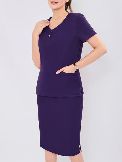 Women's V-Neck Button-Up Scrub Set, Fashionable Short Sleeve Beauty Salon Medical Hand Wash Uniform, Polyester Blend, Casual Style, Regular Fit, Solid Color, Straight Sleeve, Knee-Length Skirt with Pockets, Pullover Top