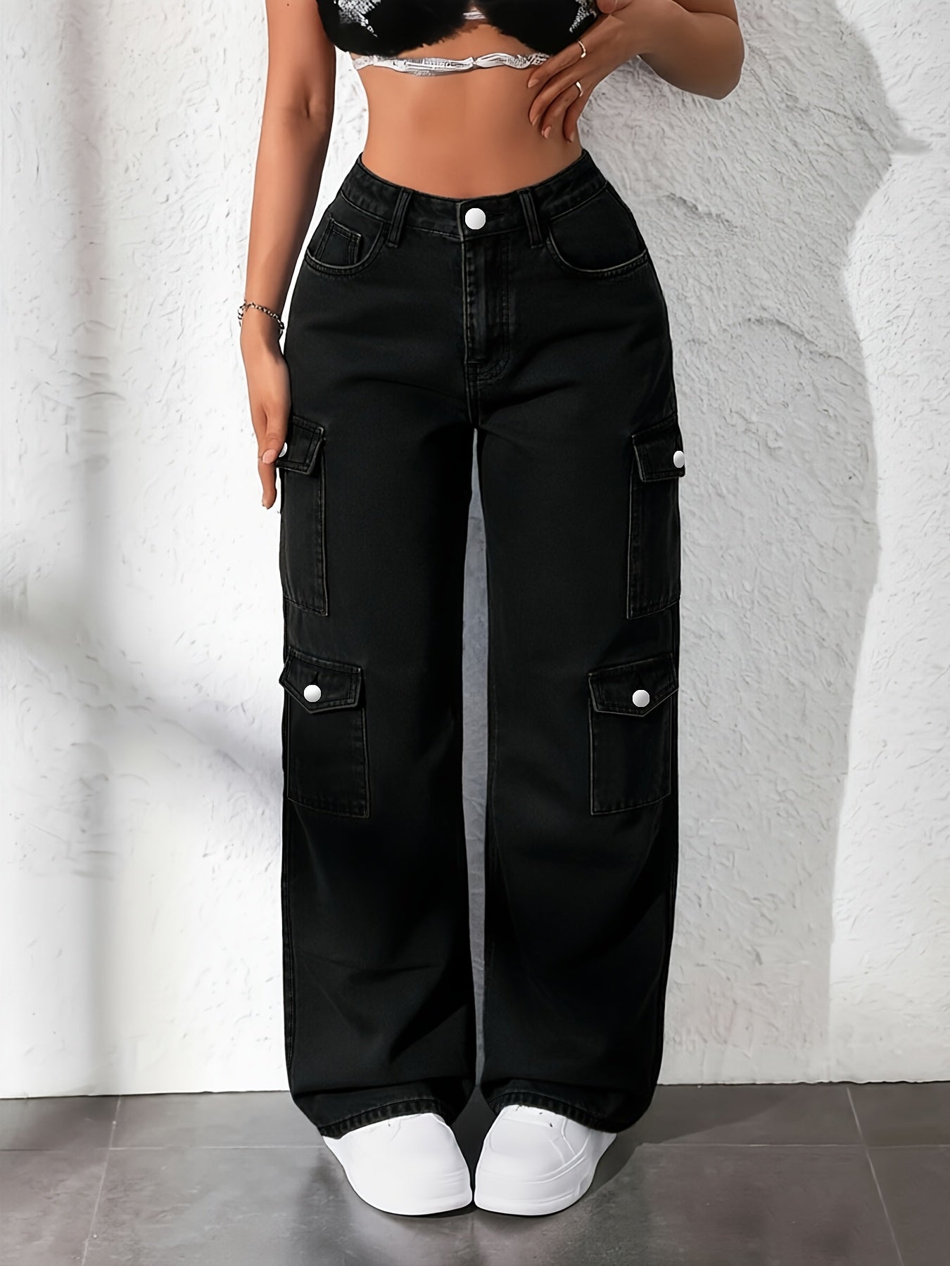 Color Denim Popular Trend Light Blue Plus Size Multi-pocket Cargo Jeans, 2026 New High-waisted Loose Baita Women'S Straight-leg Trousers