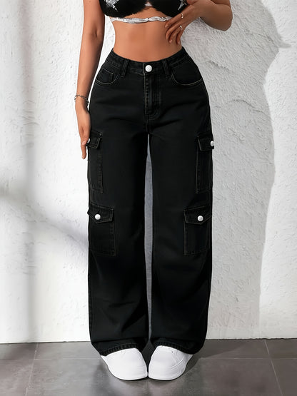 Color Denim Popular Trend Light Blue Plus Size Multi-pocket Cargo Jeans, 2026 New High-waisted Loose Baita Women'S Straight-leg Trousers
