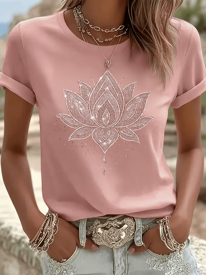 Inner Peace Mandala Plant Floral Pattern Printed T-Shirt Casual Short Sleeve Round Neck Top Fashionable All-Season Women'S Clothing