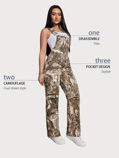 Adjustable-Length Camouflage Cargo Overalls for Women, Featuring a Trendy Design for Spring And Autumn, with Pockets And No Stretch