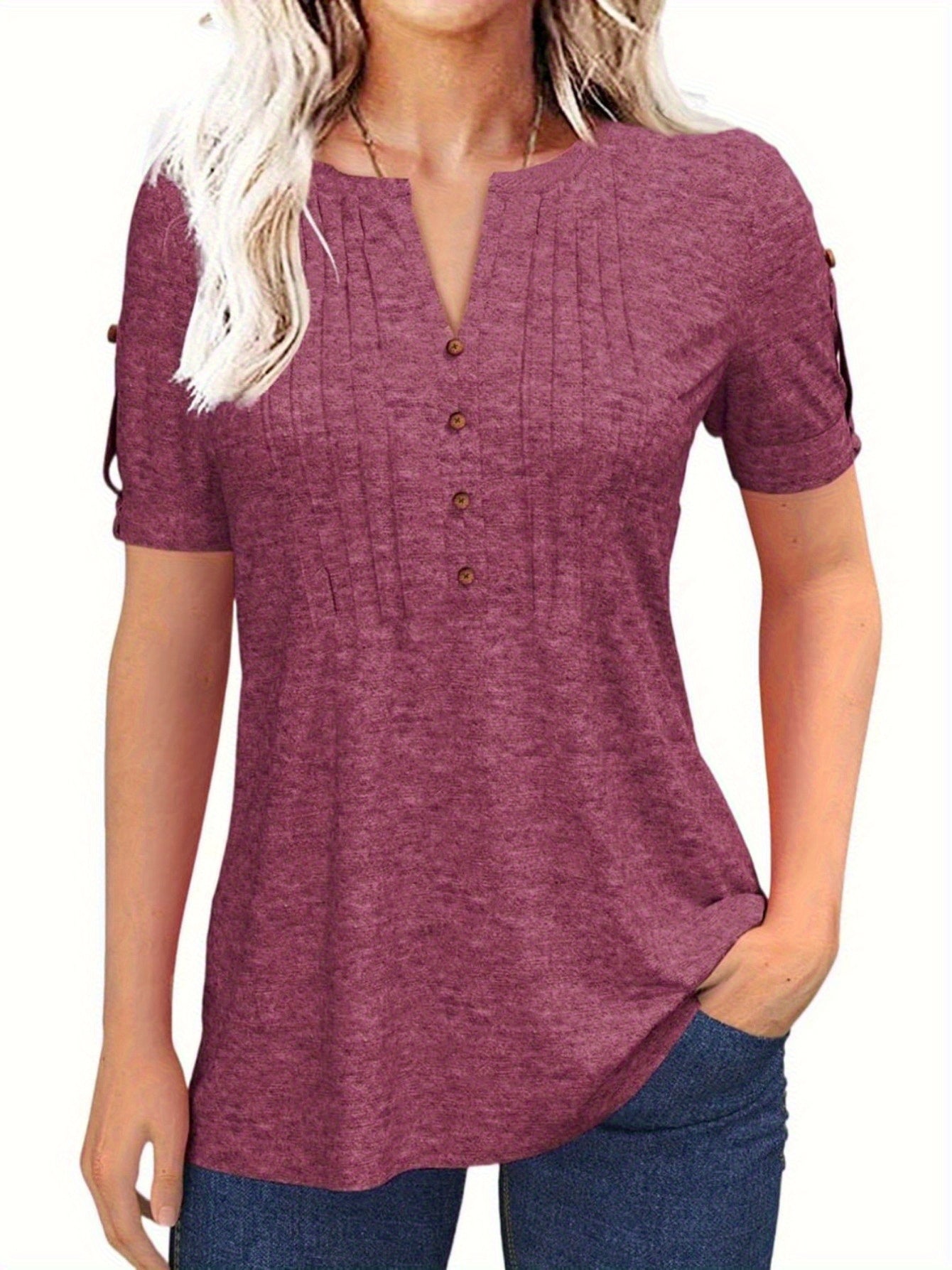 Casual Short-Sleeve Blouse for Women with a Solid Color, Featuring a Pleated Design, Buttoned V-Neck, And a Zipper
