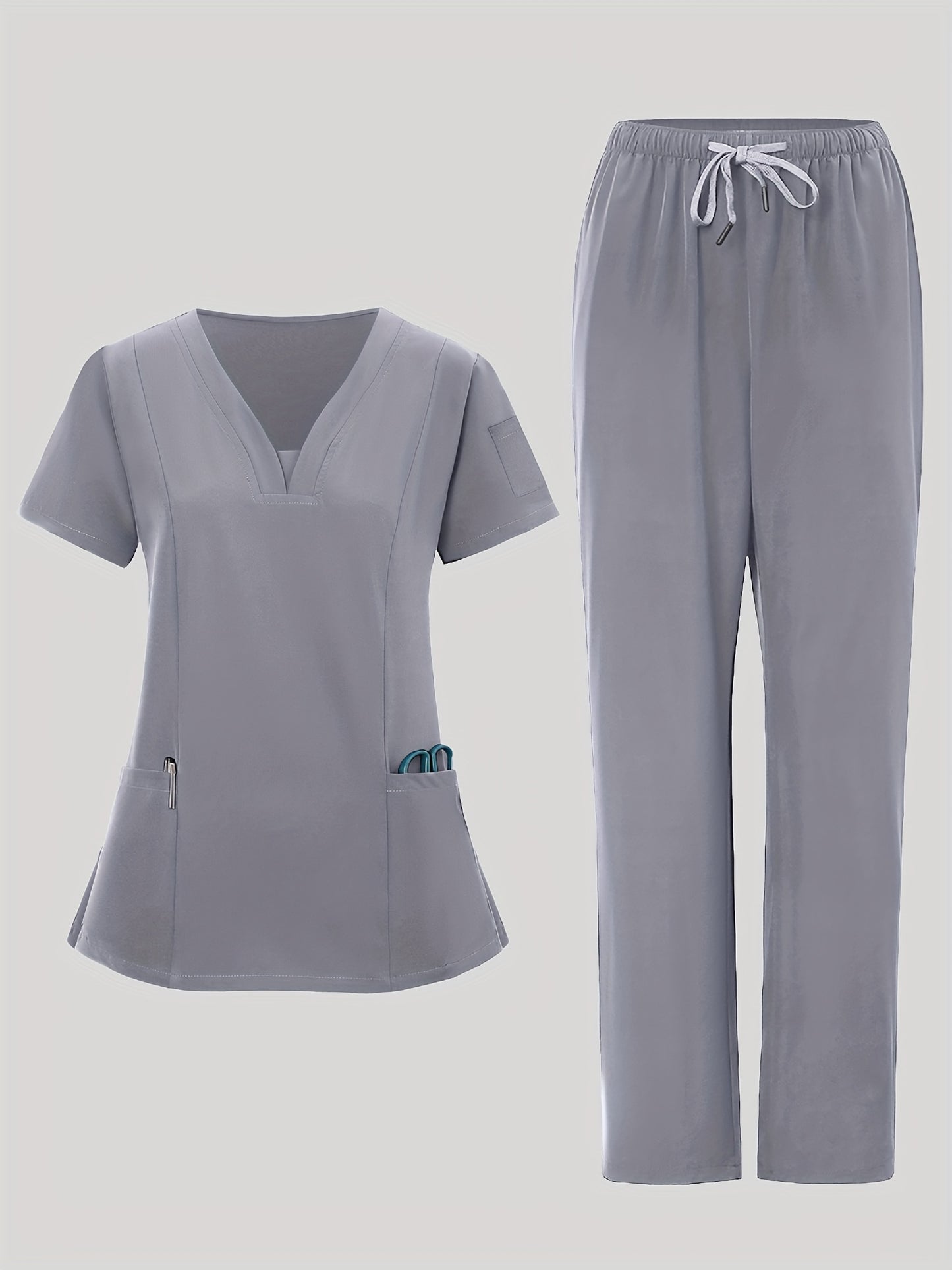 2pcs Women's Breathable V-Neck Work Uniform - Machine Washable Pocket Detail Matching Top & Pants, Casual Work Clothes Suitable for Work Uniforms, Healthcare, Education, Retail - Comfortable Professional Attire