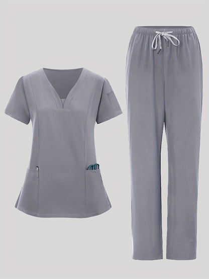 2pcs Women's Breathable V-Neck Work Uniform - Machine Washable Pocket Detail Matching Top & Pants, Casual Work Clothes Suitable for Work Uniforms, Healthcare, Education, Retail - Comfortable Professional Attire