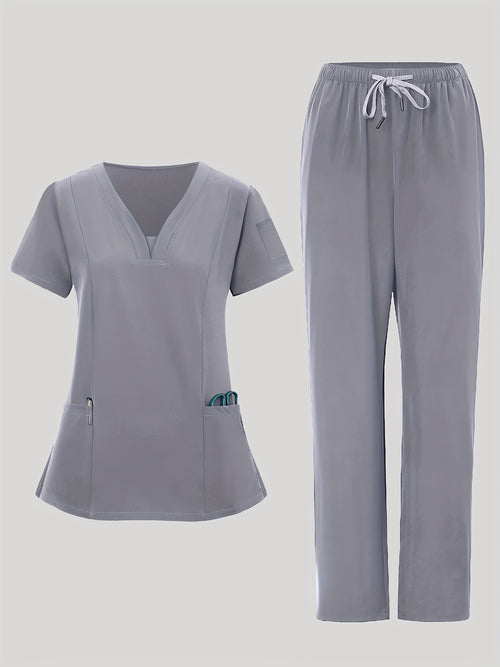 2pcs Women's Breathable V-Neck Work Uniform - Machine Washable Pocket Detail Matching Top & Pants, Casual Work Clothes Suitable for Work Uniforms, Healthcare, Education, Retail - Comfortable Professional Attire