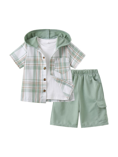 2pcs, Children's Short-sleeved Plaid Shirt Shorts Hooded Top Cardigan Fashion Casual Children's Shorts Set, Perfect for Outdoor