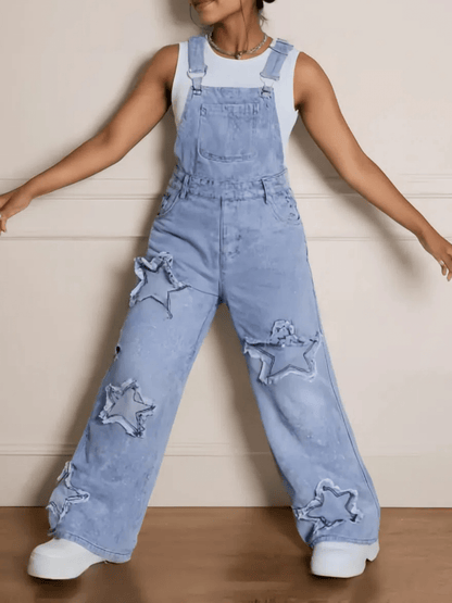 Girls' Star Embroidered Denim Overalls - Wide Leg