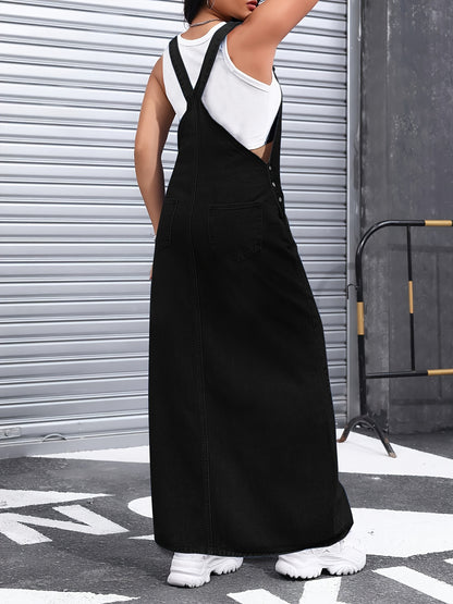 American Street Trend Women's Denim Overalls Skirt Jean Skirts for Women, Loose And Comfortable, Versatile for Commuting, Multi-breasted, Detachable Shoulder Straps, Long Skirt