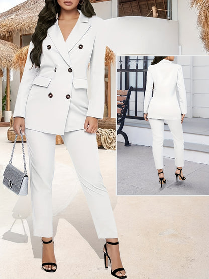 Formal Two-Piece Pantsuit Set for Women Featuring a Double-Breasted Blazer And Long Sleeves, Ideal for Office Work