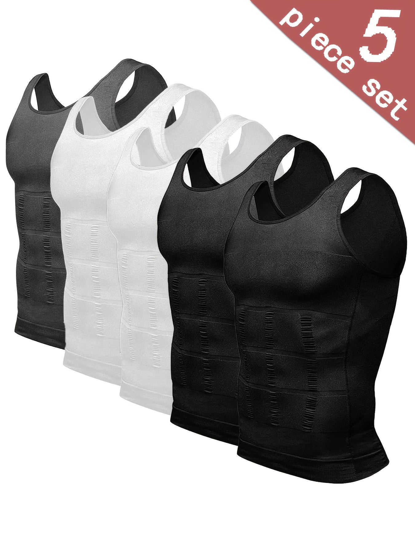 5-Pack Men'S Compression Shirts - Tummy Control Waist Trainer Vest, Sleeveless Body Shaper with Neoprene Filler, Medium Stretch Athletic Base Layer for Workout & Casual Wear, Ruched Design for Enhanced Support, All-Season Slimming Shapewear, Waist Trainer