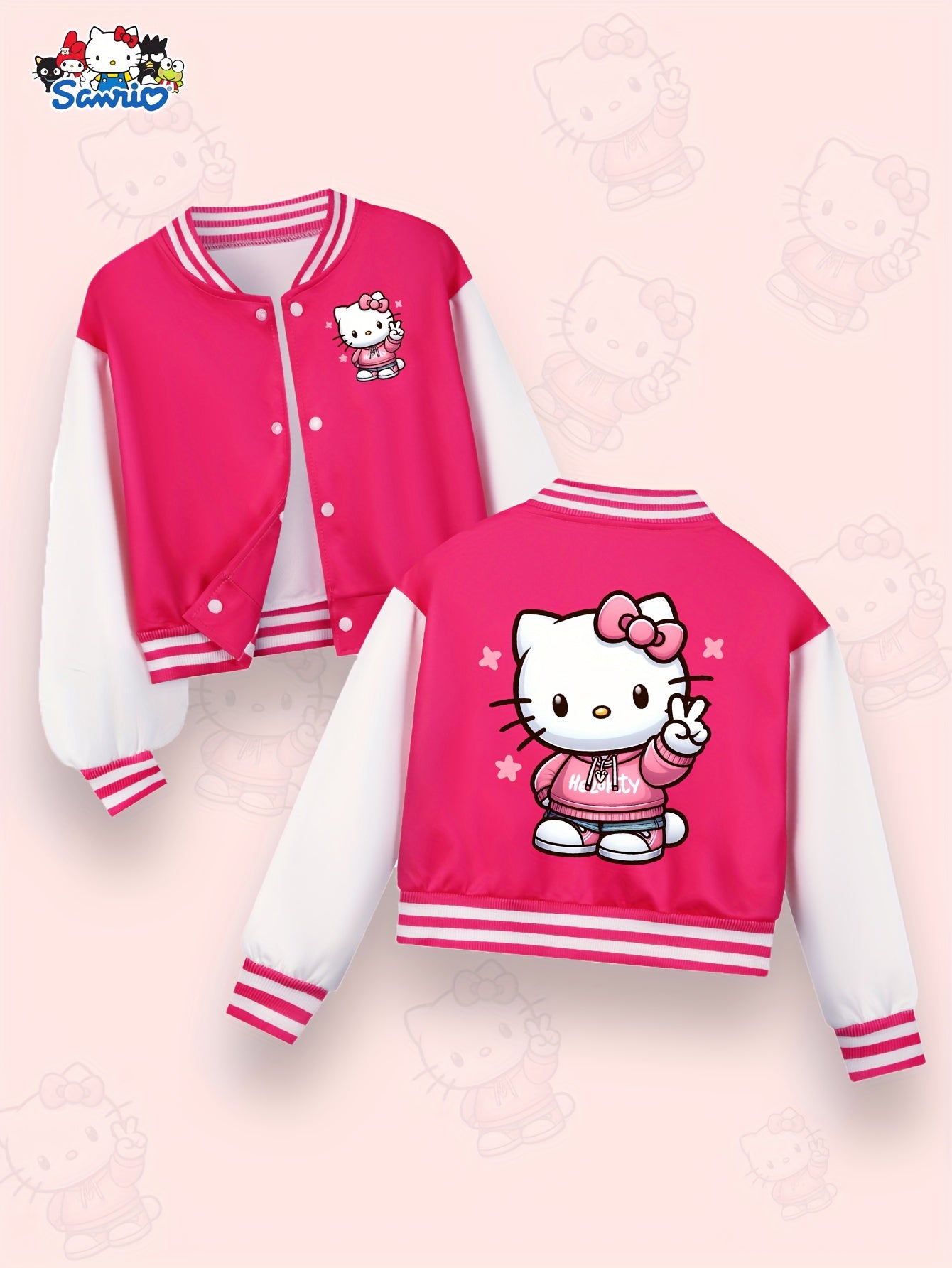 Sanrio Hello Kitty Girls' Cute Kawaii Jacket - Double-Sided Hello Kitty Print Varsity Coat with Button Closure, Warm Winter Outerwear Suitable for, Playdates & Themed Parties (Iconic KT Character)
