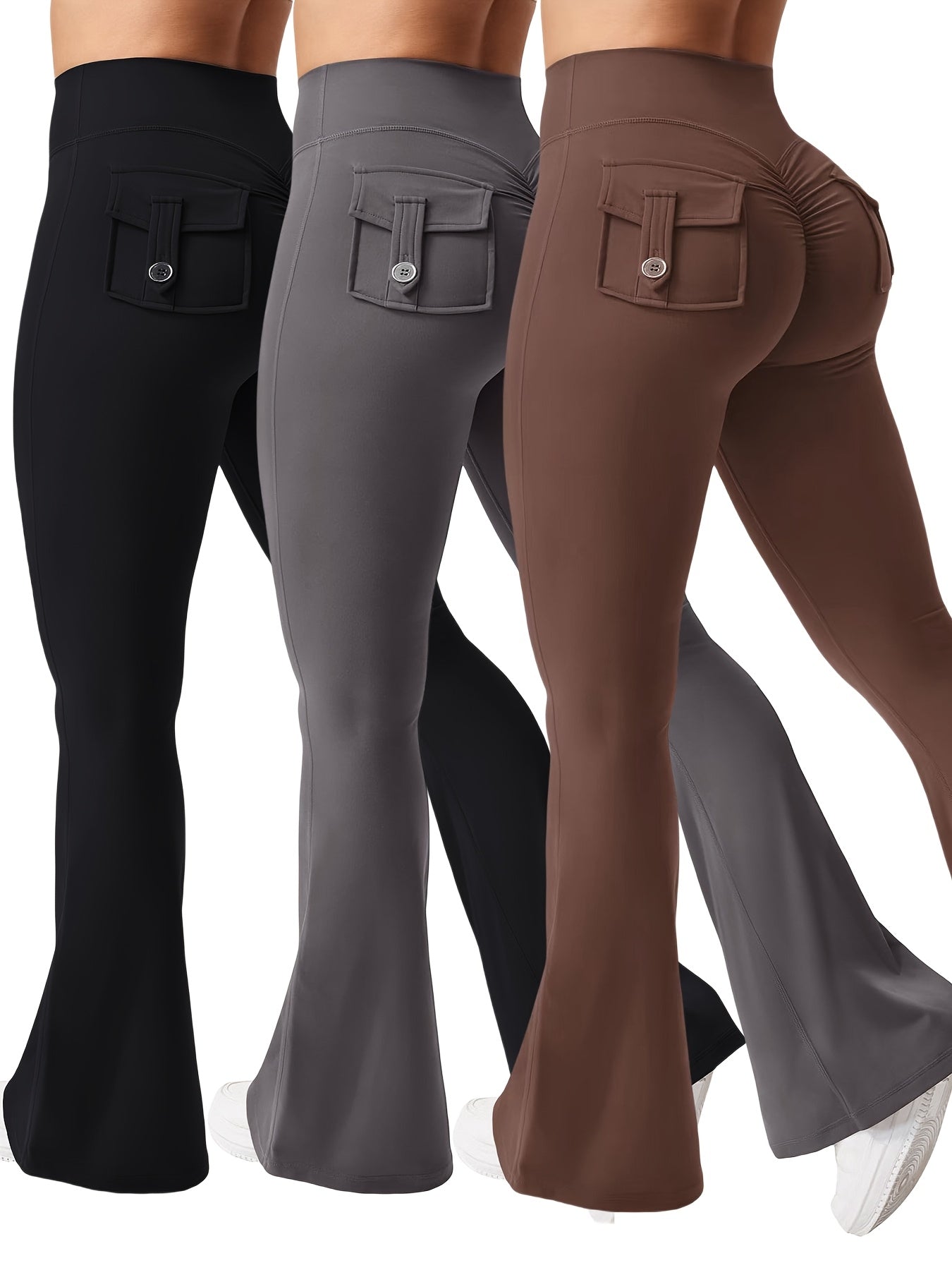 Christmas Apparel, Halloween 3pcs Set in Black, Gray, and Green: Fashionable Workwear-Style Flared Pants, Women's Casual Flared Pants, High-Waist Pocket Joggers, Workwear-Style Peach Butt Pants, Quick-Dry Sports Tummy Control Butt-Lifting Flared