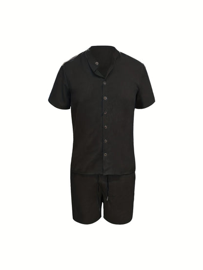 Summer Casual Fabric Men's Solid Color Short Sleeve Single-Breasted Shirt and Shorts Set