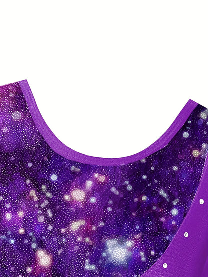 Girls' 3pcs Gymnastics Leotard Set with Stars Pattern, Long Sleeve Bodysuit & Matching Shorts - Includes Hairband, Stretchy & Breathable Fabric for Dance Training, Perfect for Outdoor, All Seasons, Gift for Back-to-School Season, Beach Essentials