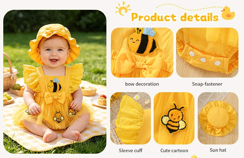 Baby Girl Summer Yellow Bee Jumpsuit Set: Sleeveless Patchwork Chiffon Jumpsuit And Matching Sun Hat, Suitable for Outdoor Outings (0-18 Months)