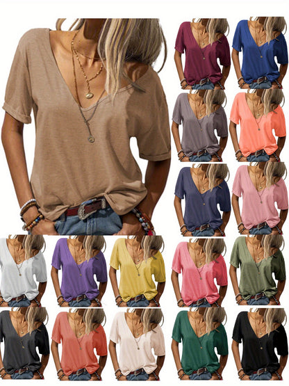 Casual Loose Basic T-Shirt for Women with a Deep V-Neck And Short Sleeves