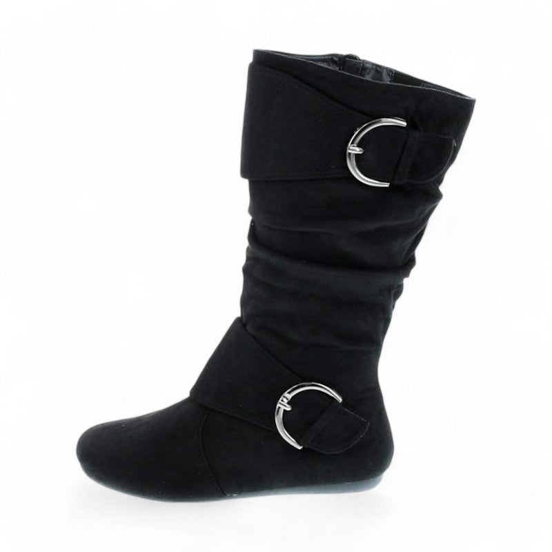 Women's Closed Round Toe Buckle Slouch Flat Heel Mid-Calf Boot