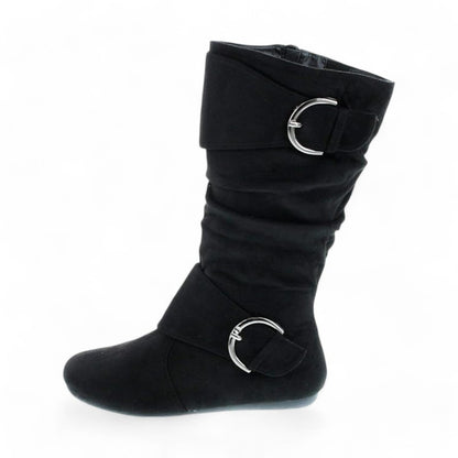 Women's Closed Round Toe Buckle Slouch Flat Heel Mid-Calf Boot