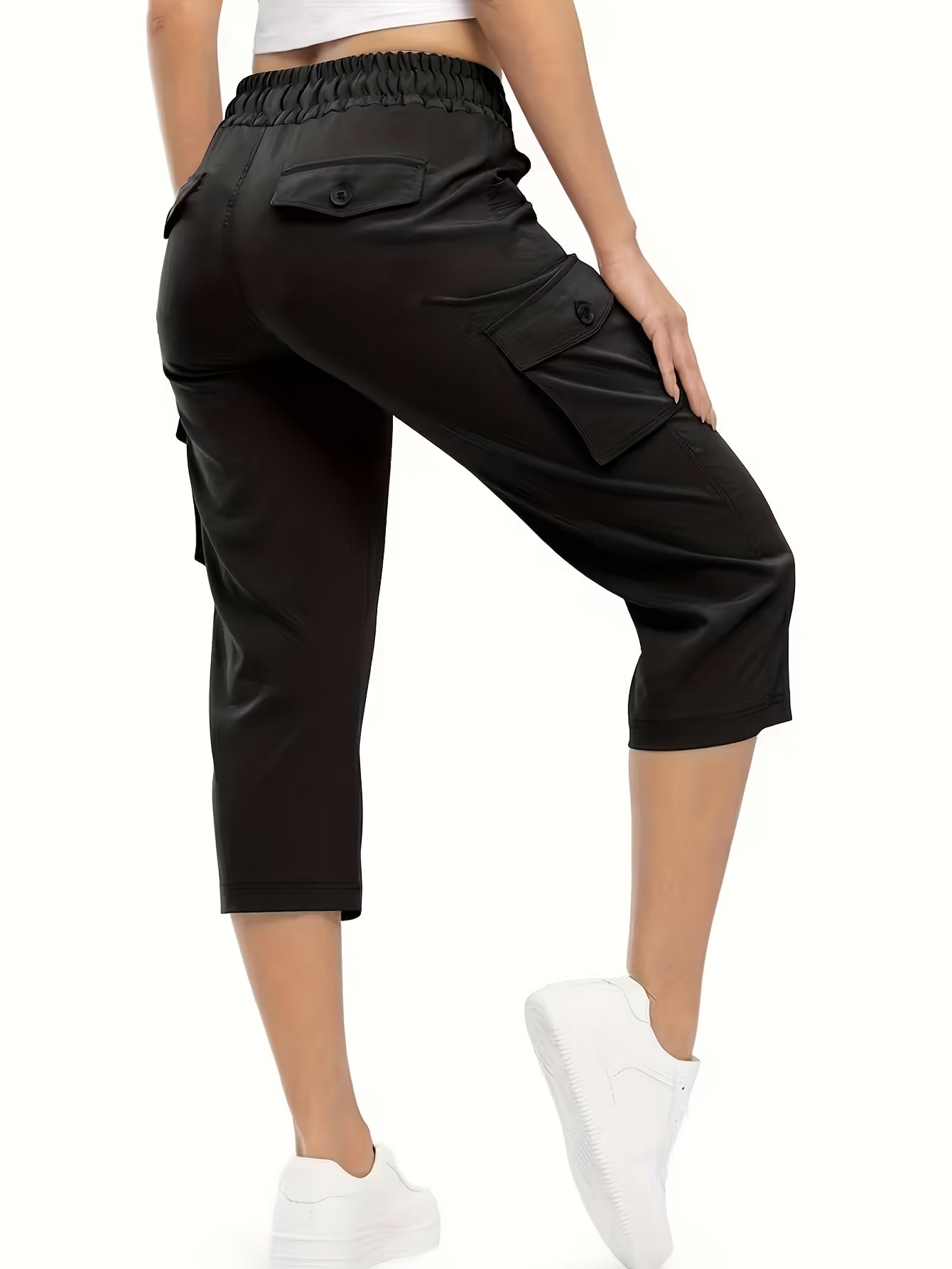 3pcs Women'S Fashionable Cargo Capri Pants for Summer, with Elastic Waistband And Pockets - Casual Sports Capri Pants, Breathable Blend