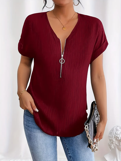Wine Red Women's Casual V-Neck T-Shirt with Front Zipper Detail, Short Batwing Sleeves, 100% Polyester - Perfect for Spring, Summer & Fall