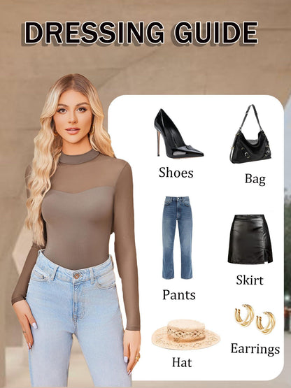 Sexy Mock Turtle Neck Sheer Mesh Long Sleeve Bodysuit Shirts Ruched Body Suit Leotard Tops