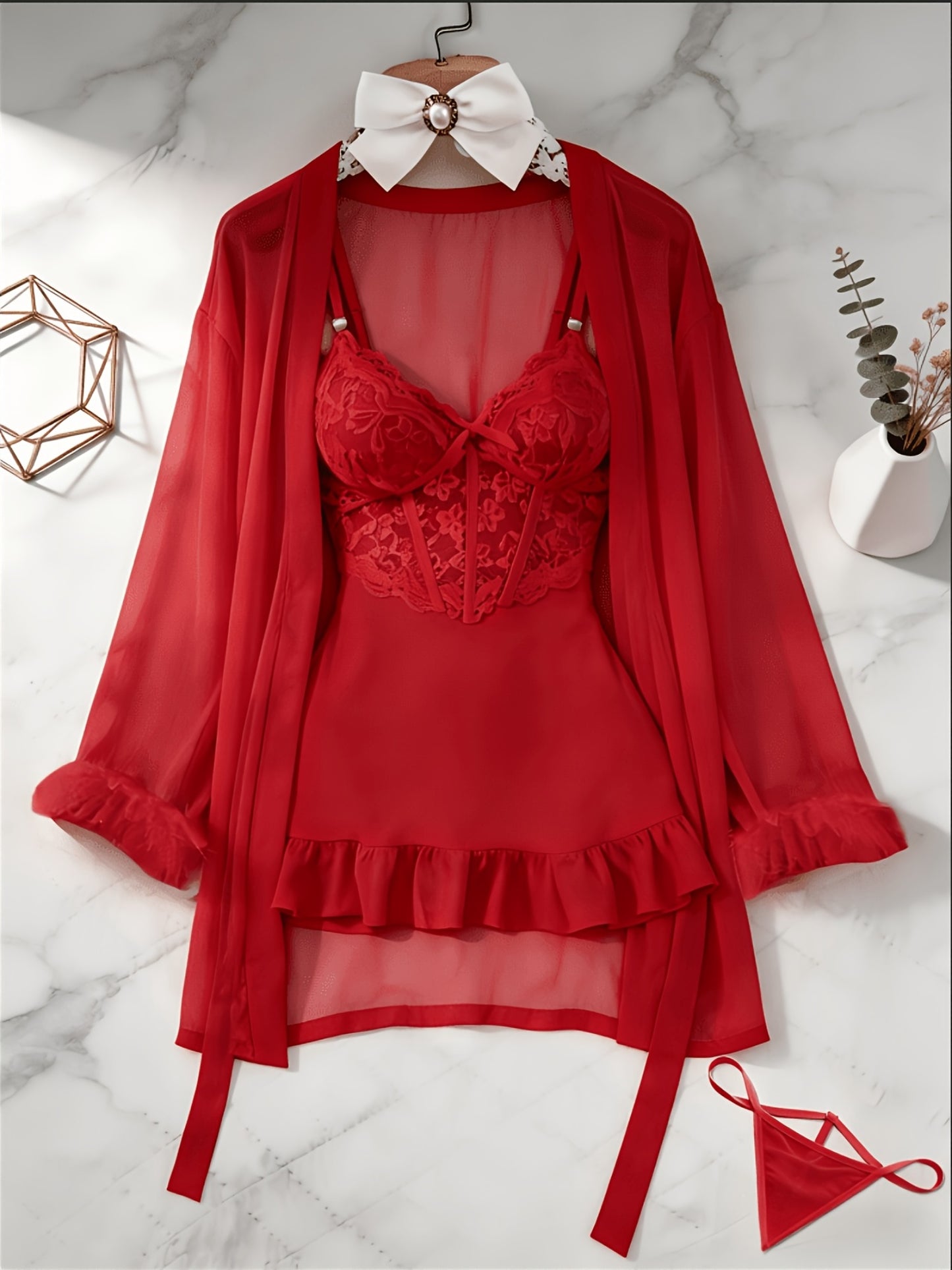 [3pcs Sheer Lace Set] Women's Lingerie 3pcs Sheer Lace Babydoll Set With Robe And Panty See Through Trim Mesh Sleepwear Sexy Nightwear