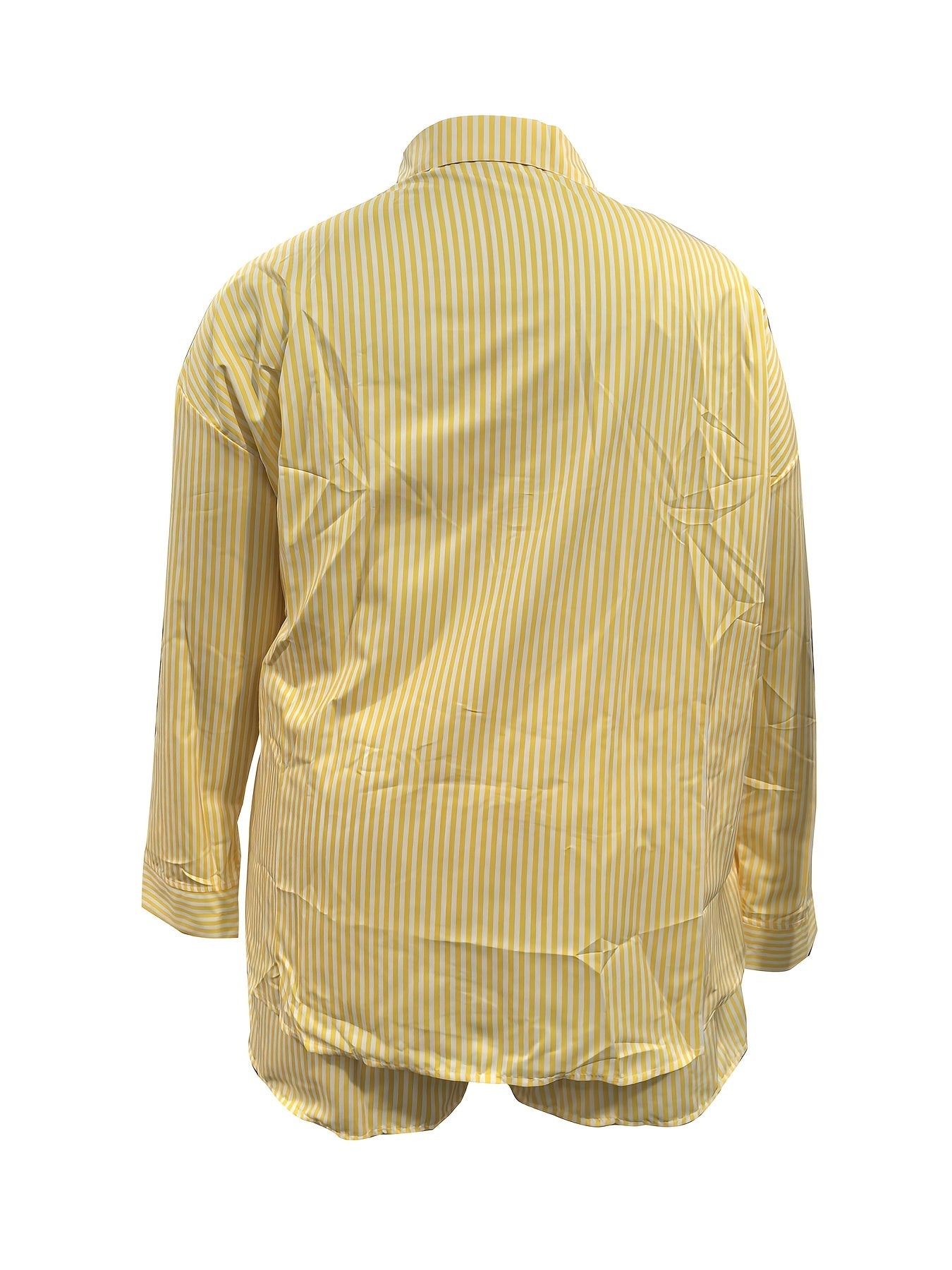 Plus Size Women's Chic Striped Print Two-Piece Set-Long Sleeve Button Shirt and Elastic Waist Shorts with Pockets, Perfect for Spring and Summer Fashion Casual Outings