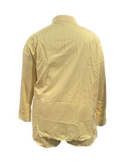 Plus Size Women's Chic Striped Print Two-Piece Set-Long Sleeve Button Shirt and Elastic Waist Shorts with Pockets, Perfect for Spring and Summer Fashion Casual Outings