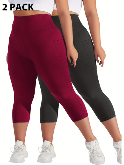 Plus Size - 2pcs Set - Plus Size High-Waisted Pocket Capri Pants - Soft Suitable for And Workouts - Elegant Style - New Spring And Summer Collection - Targeted Design