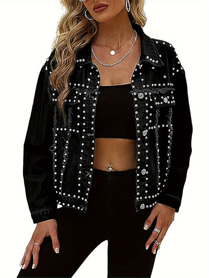 Women's Long Sleeve Rivet Studded Denim Jacket Casual Washed Pearl Short Jean Coat