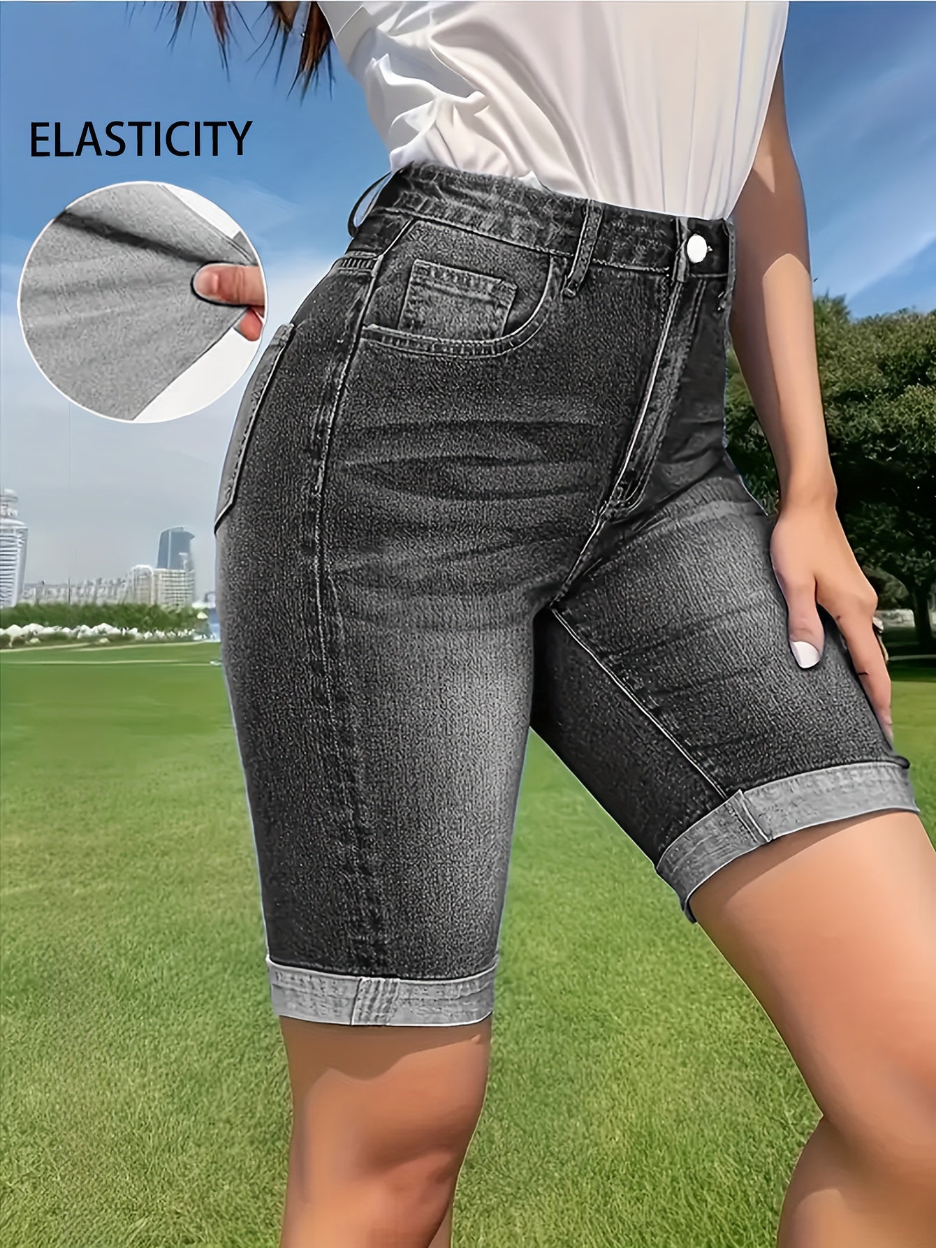 Women's Stretch Denim Shorts - High-Waisted Elastic Waist with Built-In Zipper, Dark Blue Casual Shorts for Spring/Summer, Machine Washable & Pockets, High Waisted Shorts